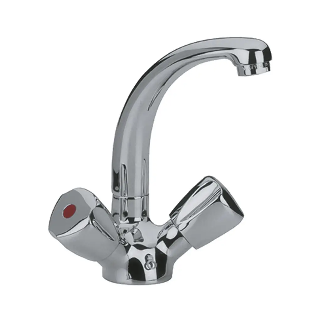 Kromfarbene Waschtischarmatur von Kludi mit einem hohen, gebogenen Auslauf und zwei Bedienelementen für kaltes und warmes Wasser.